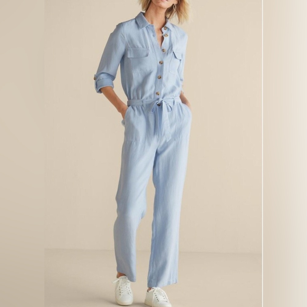 Soft Surroundings Kerry Long Sleeve Jumpsuit - Linen Blend, Belted, size‎ 12